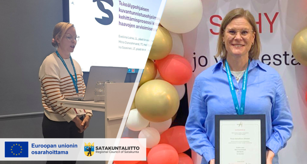 Yhdistetty kuva, jossa Eveliina Laine esiintymässä vasemmalla ja Heli Björlin vastaanottamassa kunniakirjaa oikealla. Kuvassa logot "Euroopan unionin osarahoittama" sekä "Satakuntaliitto".