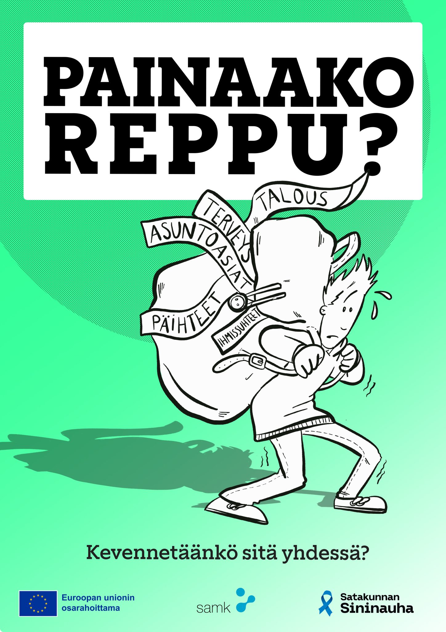 Kuva JUHO-hankkeen "Painaako reppu" -julisteesta.