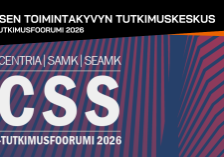 CSS-tutkimusfoorumi 2026 -kokoomajulkaisun graafinen banneri. Tekstissä lukee: “Ihmisen toimintakyvyn tutkimuskeskus – CSS-tutkimusfoorumi 2026”. Mukana logotekstit Centria, SAMK ja SeAMK. Taustalla sinisen ja pinkin sävyinen geometrinen kuvio.