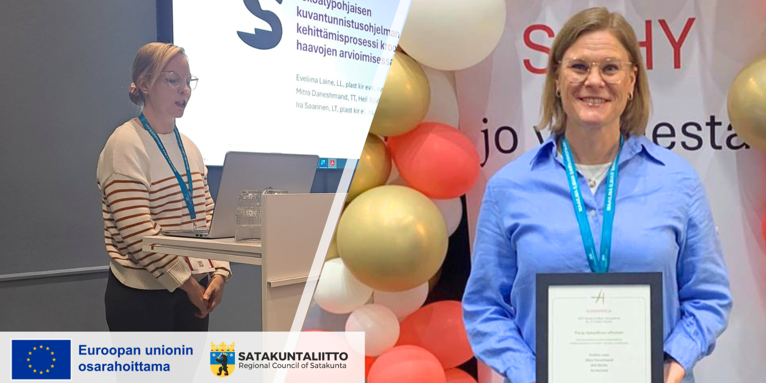 Yhdistetty kuva, jossa Eveliina Laine esiintymässä vasemmalla ja Heli Björlin vastaanottamassa kunniakirjaa oikealla. Kuvassa logot "Euroopan unionin osarahoittama" sekä "Satakuntaliitto".